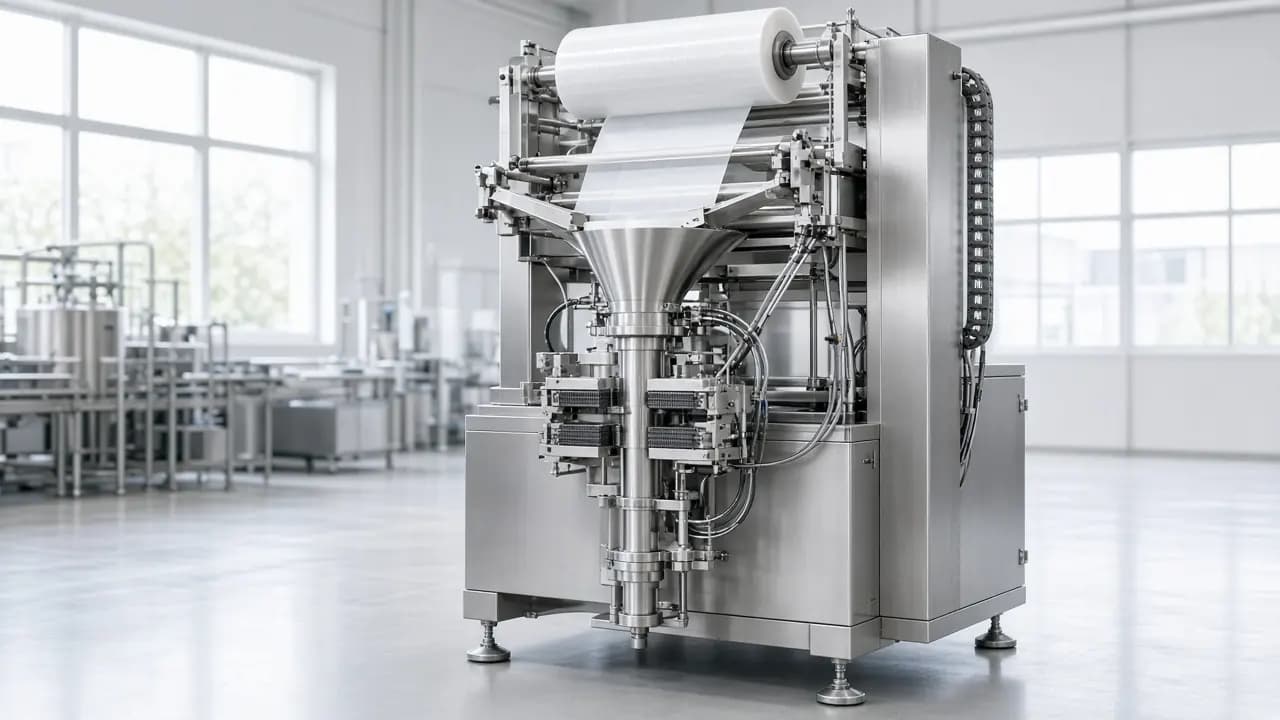 Schlauchbeutelmaschine in einer hellen Fertigungshalle, ohne Beschriftung