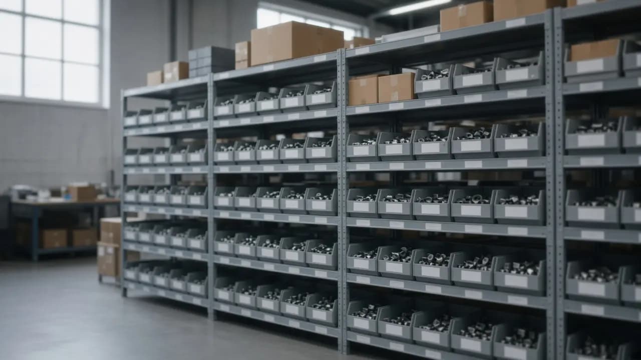 Regalreihe eines Ersatzteillagers, Beschriftung nicht lesbar